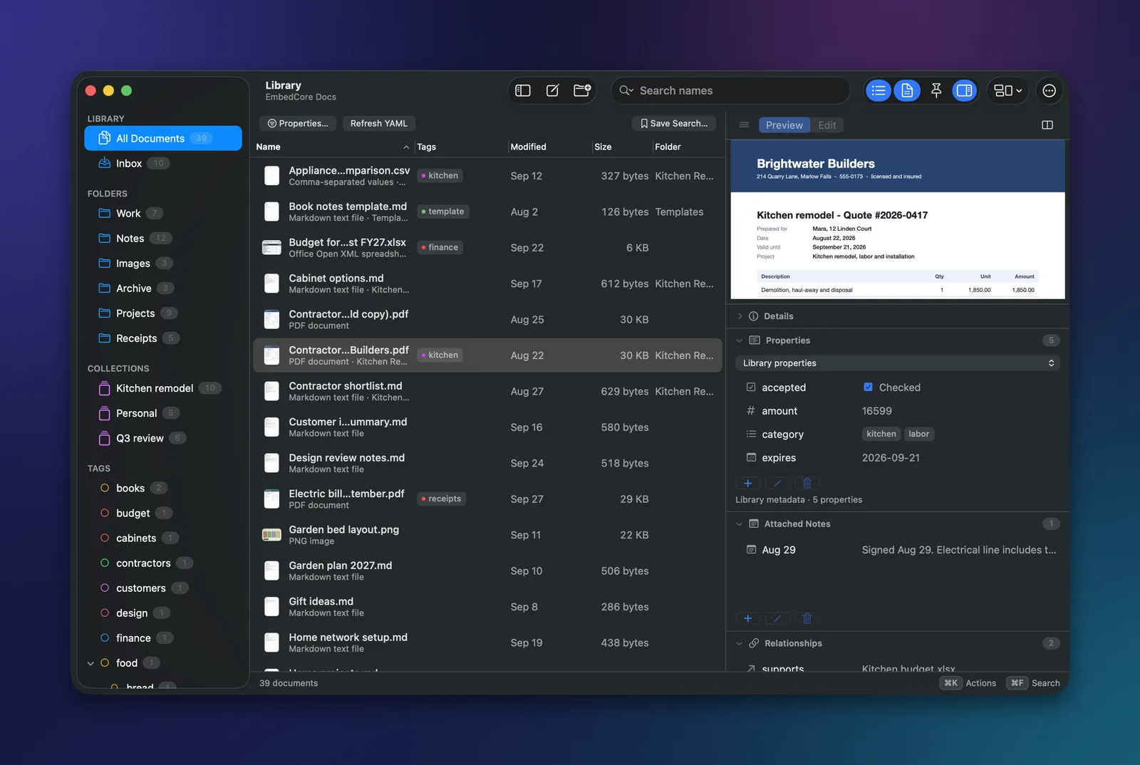 The EmbedCore Docs library window on macOS with folders, collections and tags in the sidebar, a document list, a contractor quote preview and its custom properties.