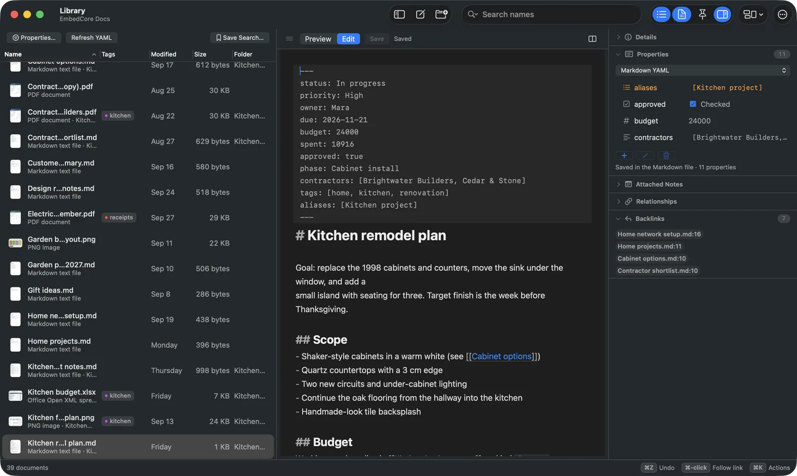 A Markdown note in EmbedCore Docs on macOS with front matter, a wiki link to another note, typed properties and a list of backlinks.