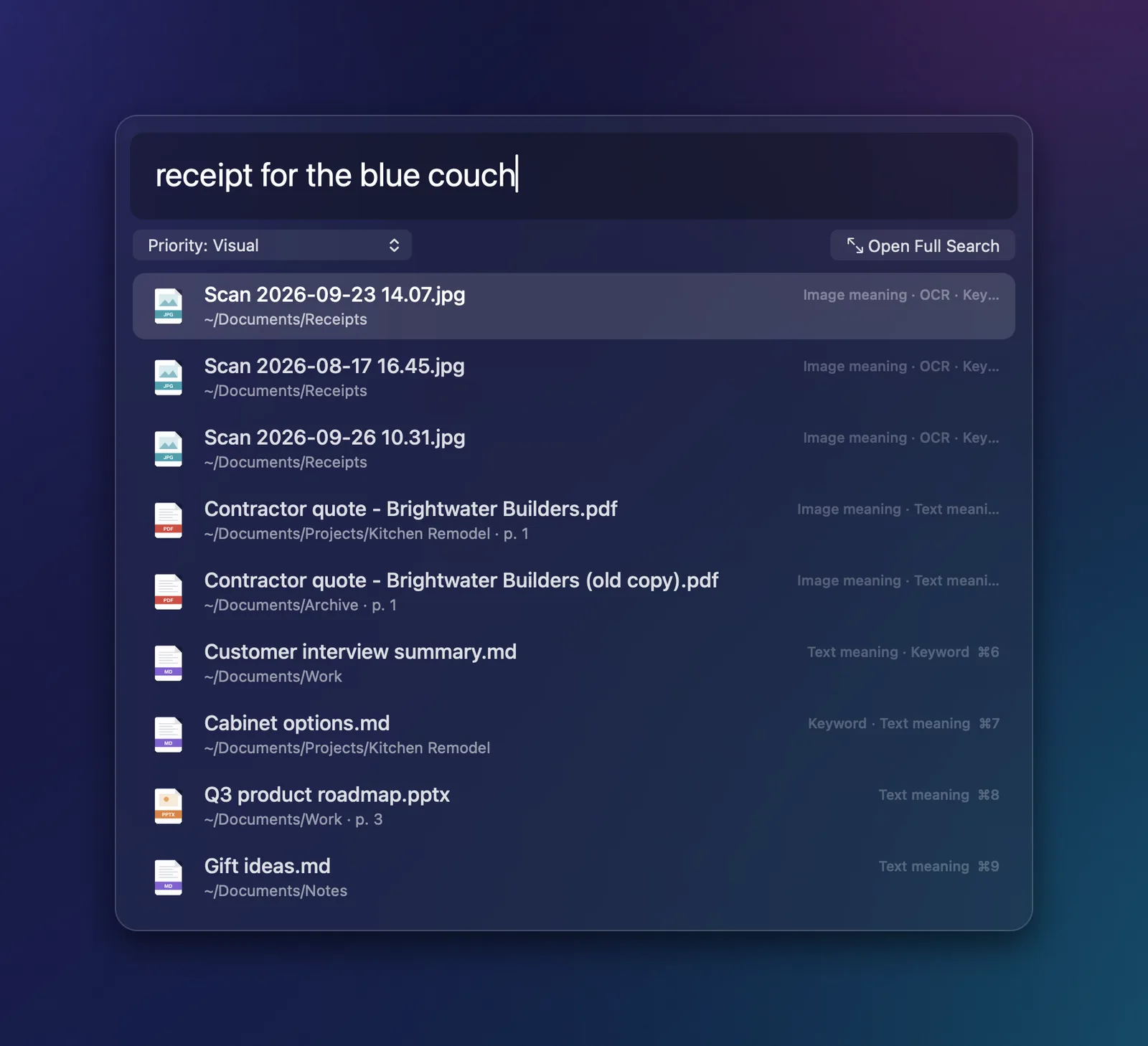 Gadget’s search panel on macOS with the query “receipt for the blue couch”, showing a scanned receipt as the top result.