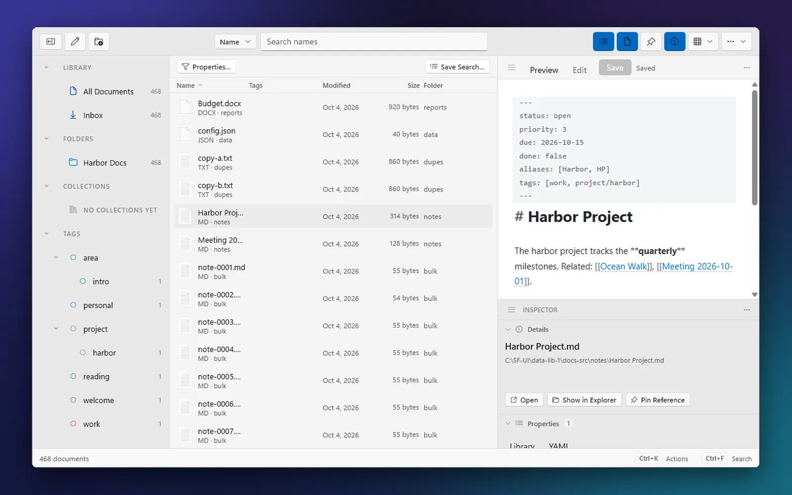 The EmbedCore Docs library window on Windows 11: folders, collections and tags in a sidebar, a list of documents, and a Markdown note called Harbor Project open with its front matter and links to other notes.