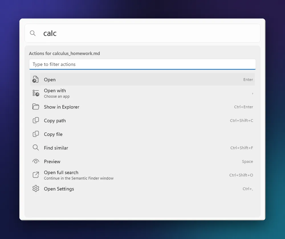Gadget on Windows 11 with the action panel open for a Markdown file: Open, Open with, Show in Explorer, Copy path, Copy file, Find similar and Preview, each with its keyboard shortcut.