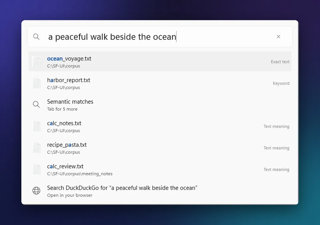 Gadget on Windows 11 with the search “a peaceful walk beside the ocean”: a text file about an ocean voyage at the top, a section of files that match by meaning below it, and a web search row at the bottom.