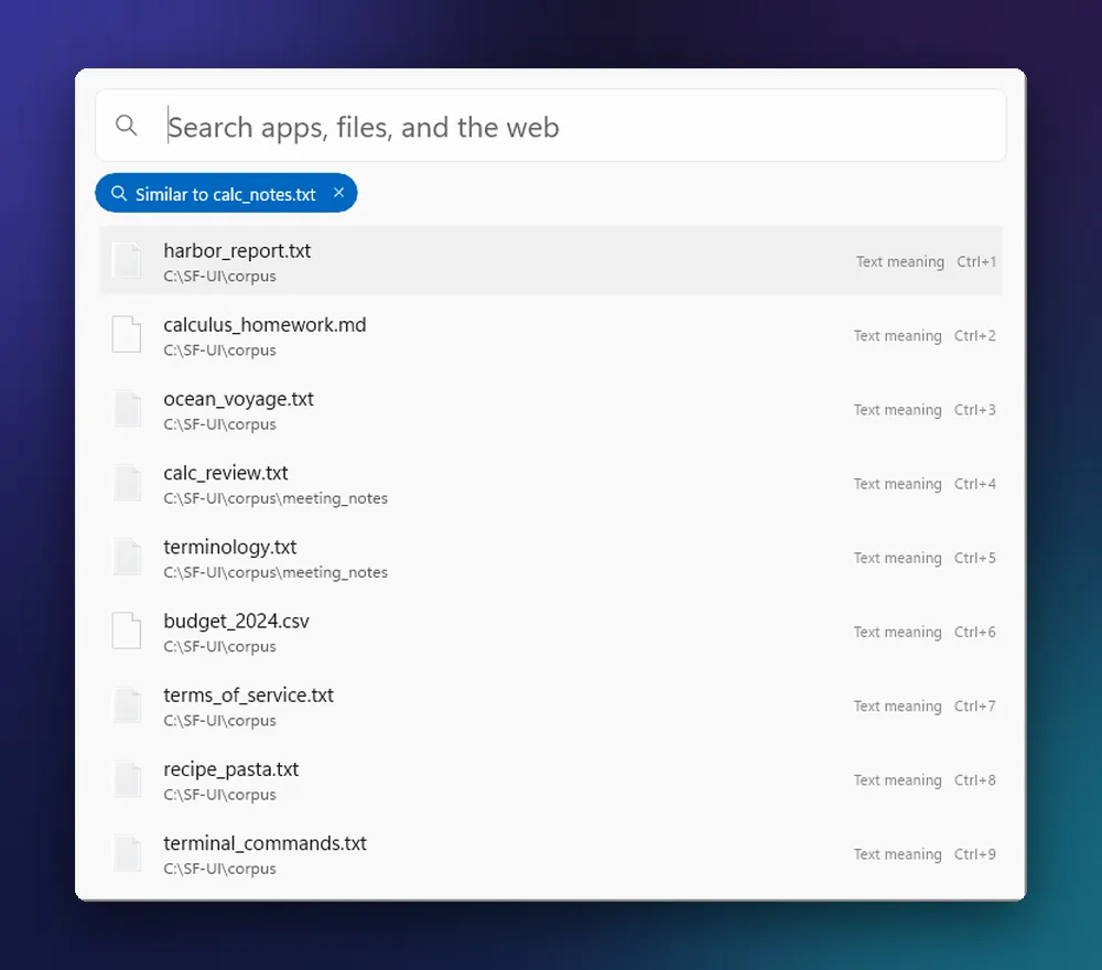 Gadget on Windows 11 showing a list of files similar to a notes file, under a “Similar to” label with a button to clear it.